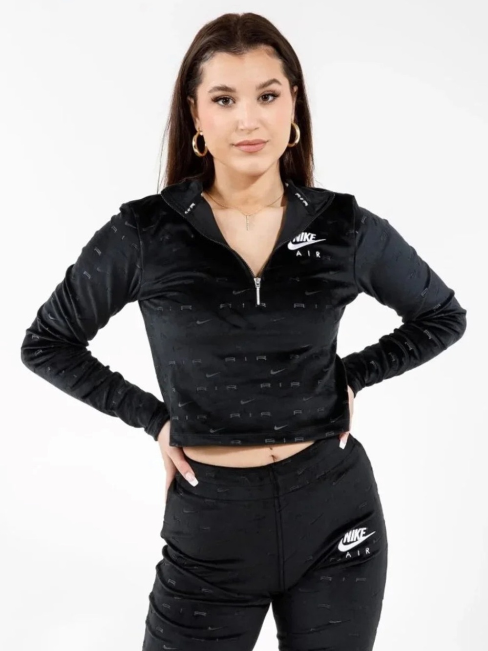 Nike | Women’s Black Velour Quarter-Zip Cropped Embossed Pullover Sweatshirt L